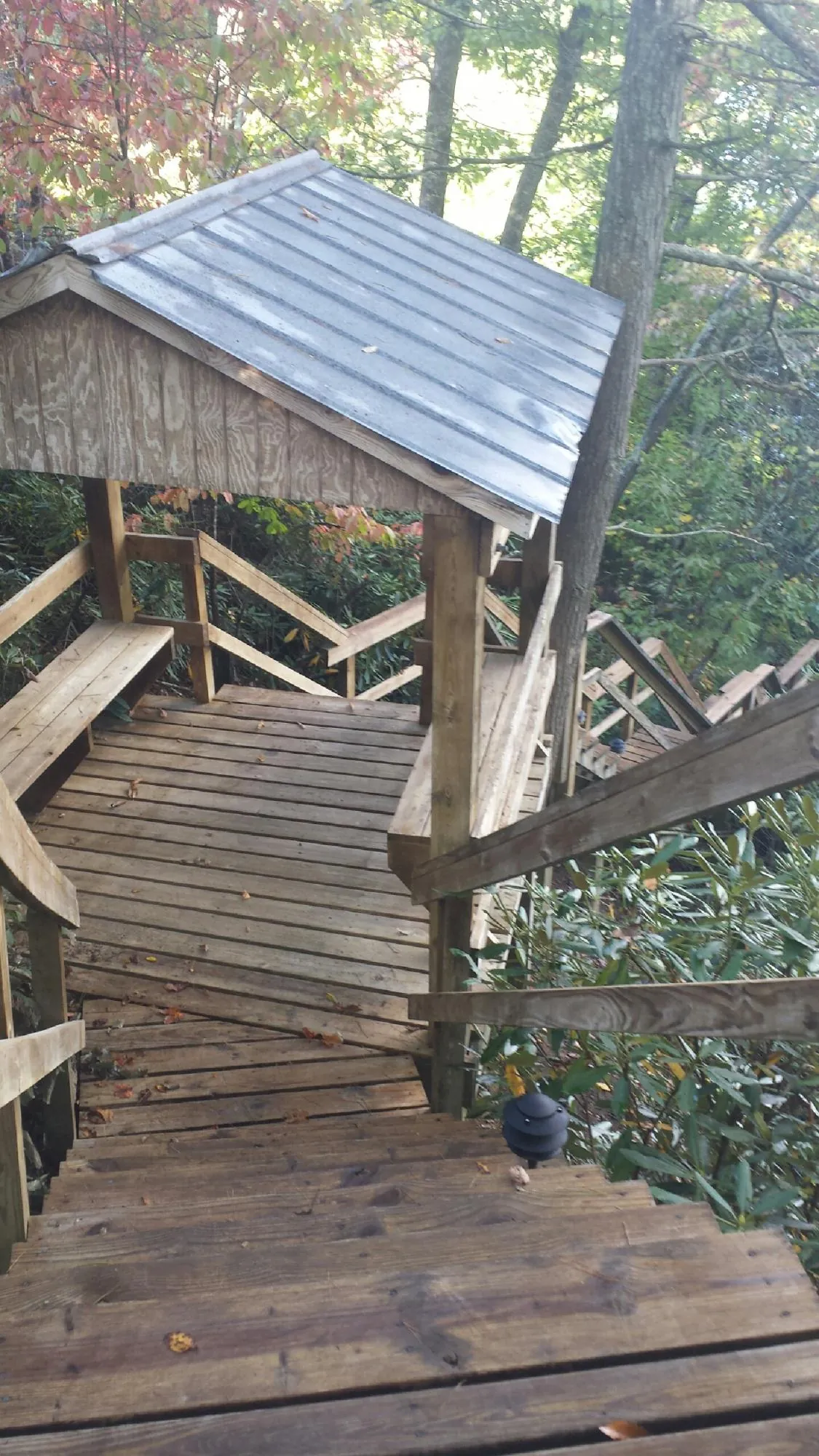 Metal roofed shelter over wooden steps on a wooded walkway — Skylight Repair & Installation work by our crew in Strawberry Point